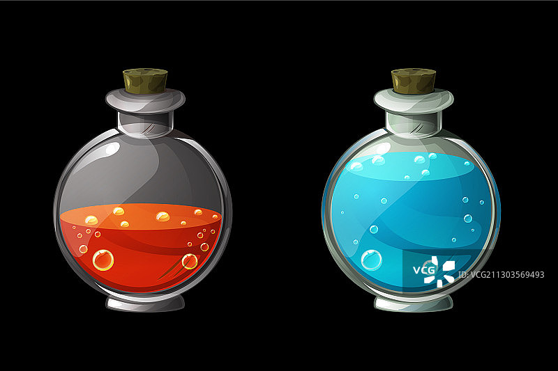 玻璃瓶中的彩色魔法药水组合图片素材