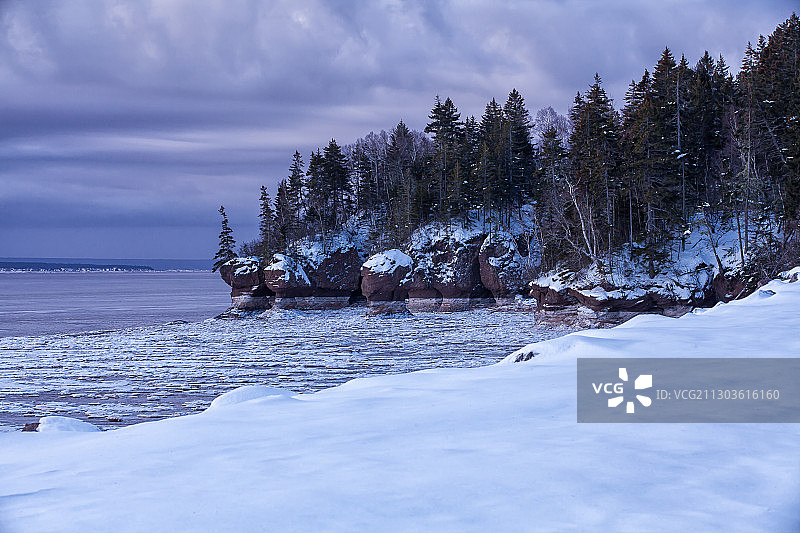 加拿大霍普韦尔岩省立公园冬季天空下的冰冻湖面风光图片素材