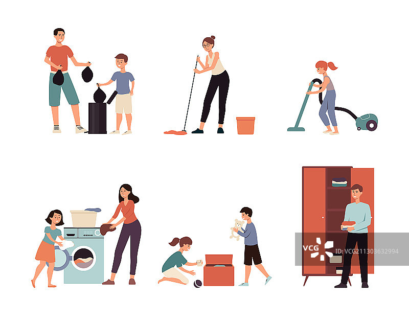 卡通家庭打扫房屋 - 扁平风格图片素材