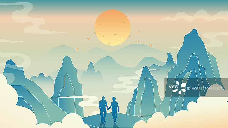 登高望远敬老国潮国风矢量重阳节插画海报横版图片素材