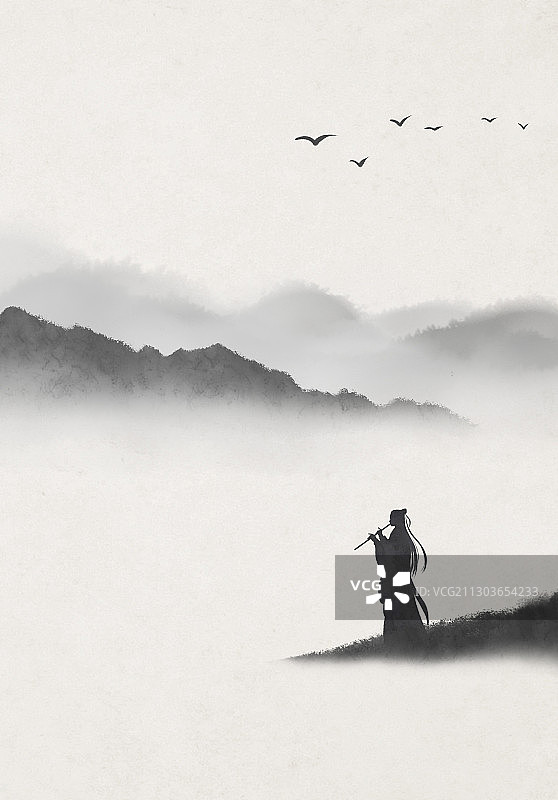 中国风山水画吹箫人图片素材