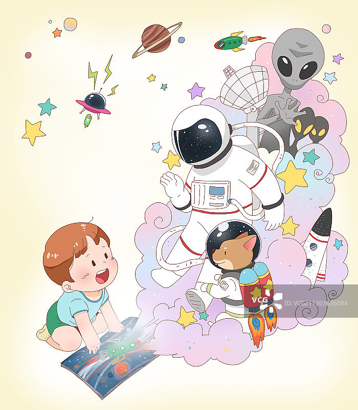 儿童创意想象力虚拟现实梦幻般的宇宙航员插图图片素材