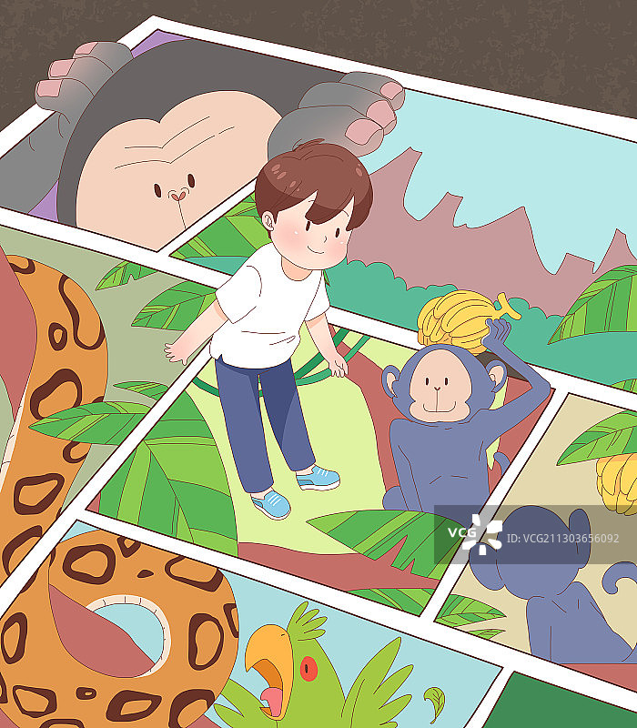 插画：儿童的虚拟现实雨林想象图片素材