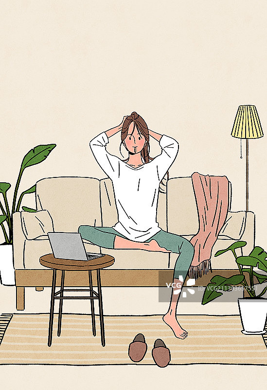 女人，秋天，生活方式，单身生活，米色，盆栽植物，在家工作，笔记本电脑，沙发，奶酪树图片素材