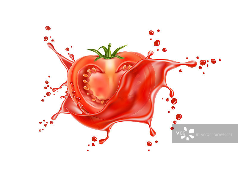 逼真的成熟番茄红色果汁飞溅效果图片素材