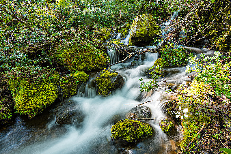 普孔森林瀑布风景，智利阿劳卡尼亚图片素材