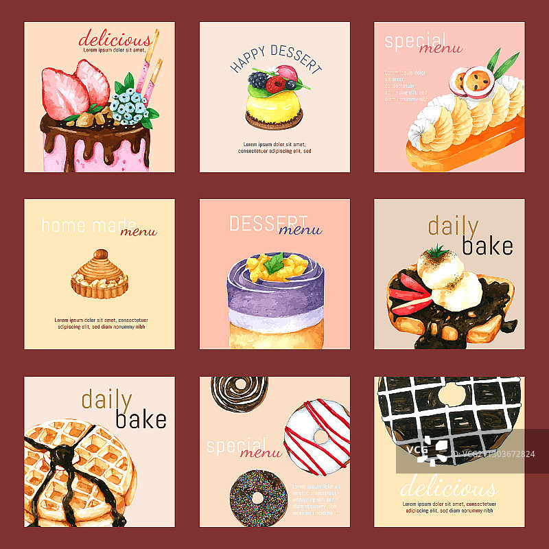 手绘水彩甜点卡片设计图片素材