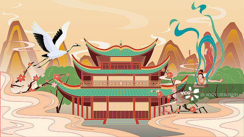 岳阳楼敦煌飞天国风插画图片素材