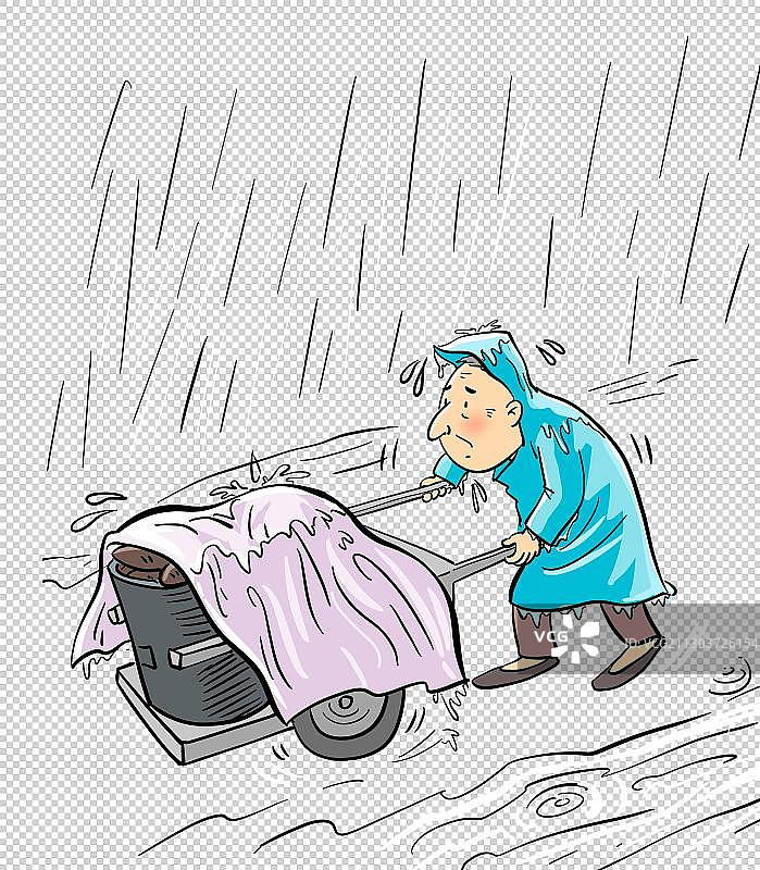 雨天推车的小商贩图片素材