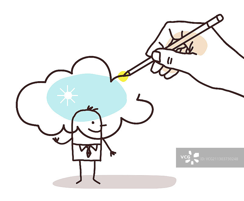手绘卡通人物头顶的晴天云朵图片素材