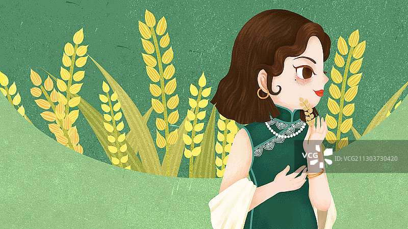 麦田前穿旗袍的女人图片素材