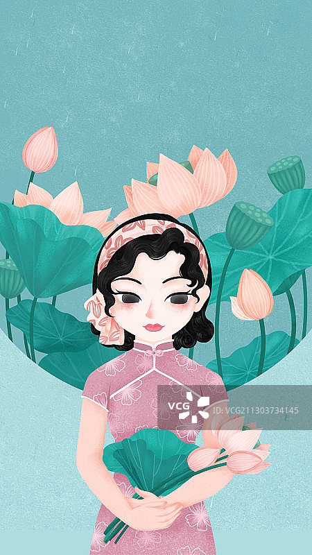 夏季荷花和穿旗袍的女人图片素材