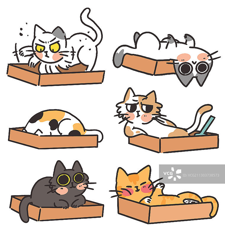 猫咪和猫砂盆涂鸦风格贴纸图片素材