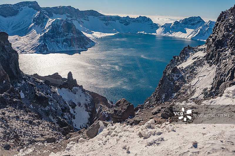 吉林长白山天池冰雪覆盖图片素材