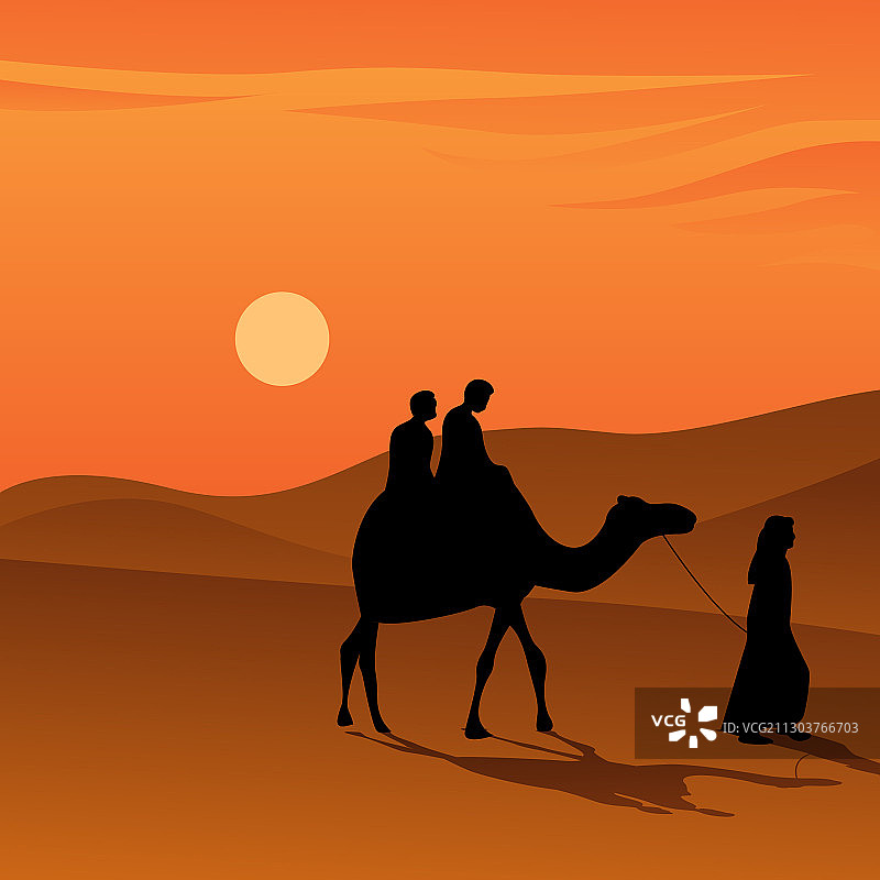 人们在沙漠日落时骑骆驼图片素材