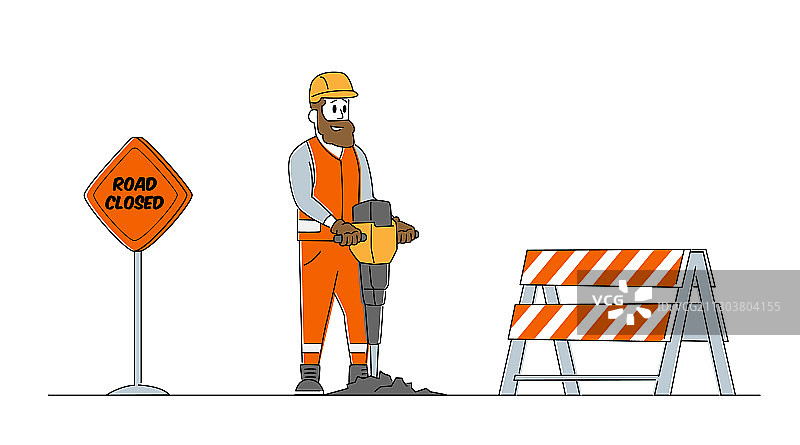 手持气动凿岩机的建筑工人图片素材