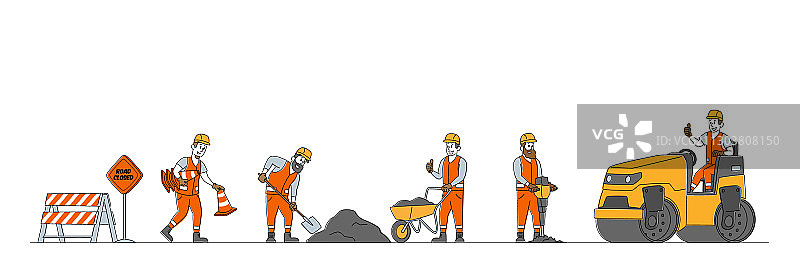 施工机械和工人进行道路维修图片素材