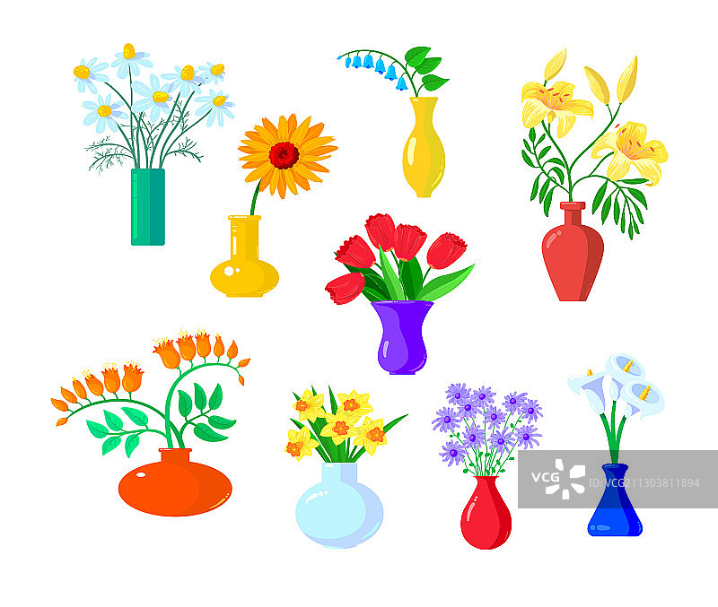 甘菊、非洲菊和郁金香花朵图标图片素材