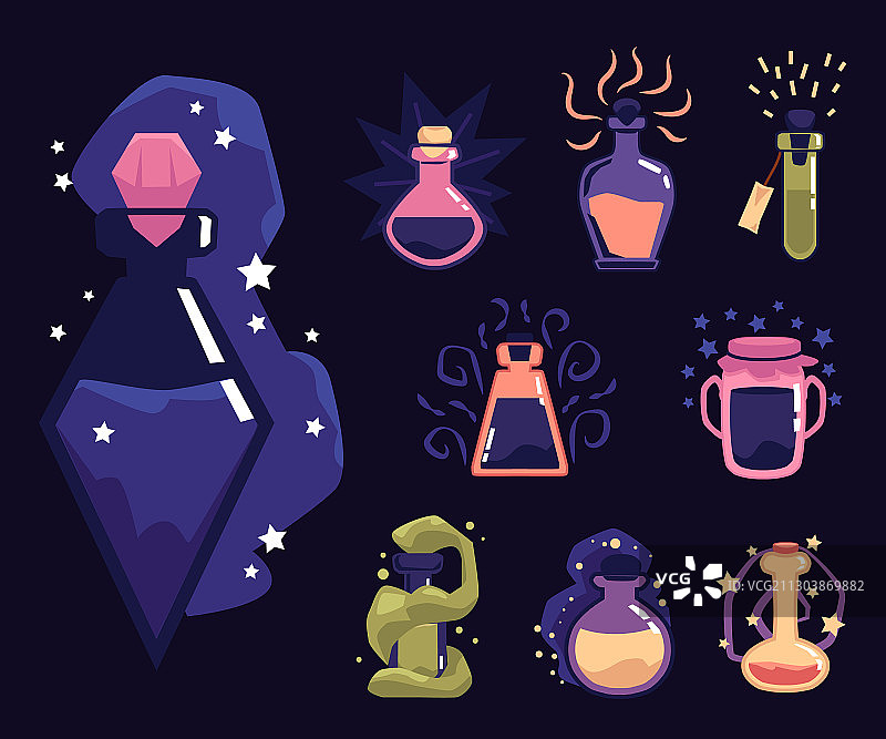 魔法药水瓶和烧瓶卡通图标套装图片素材