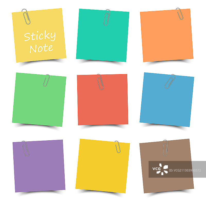 带回形针和阴影的彩色便签图片素材