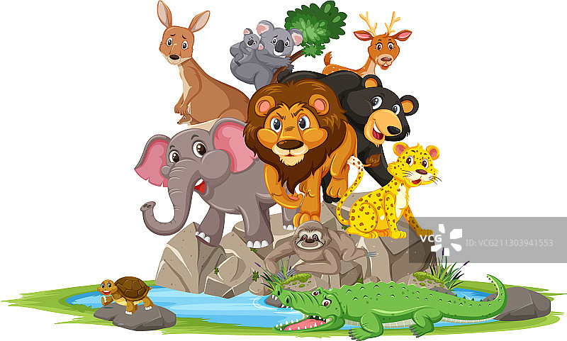 卡通角色：站在石头上的野生动物图片素材