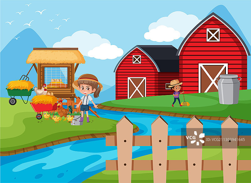 快乐的孩子在农田里工作的农场场景图片素材