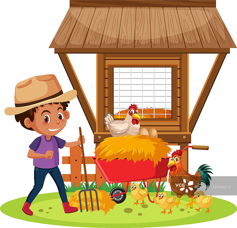 白色背景的男孩和小鸡农场场景图片素材