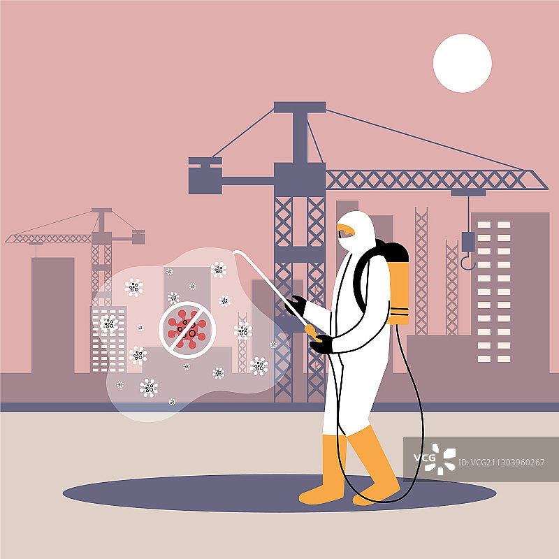 穿着西装的男人给机器和建筑物消毒图片素材