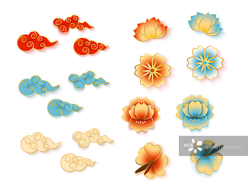 中式祥云鲜花装饰元素合集图片素材