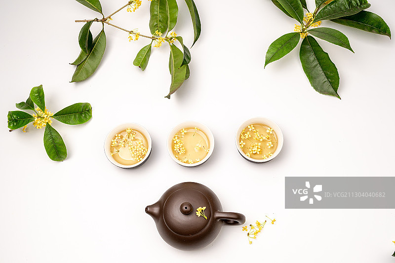 桂花，桂花茶，白色背景，芳香的，正上方视角，枝茶，壶茶图片素材