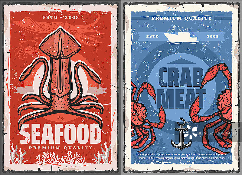 海鲜鱿鱼和蟹肉复古海报图片素材