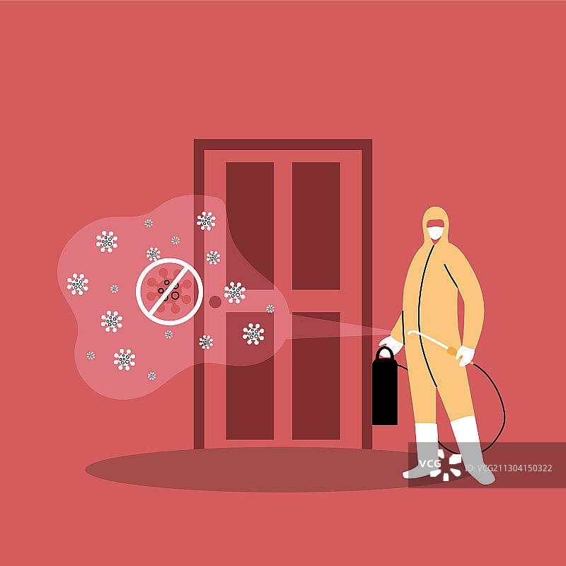 西装男人对门进行消毒（新冠病毒）图片素材