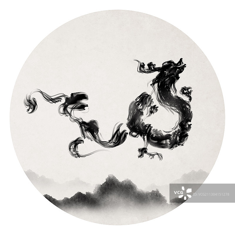 中国风圆形水墨龙山水画图片素材