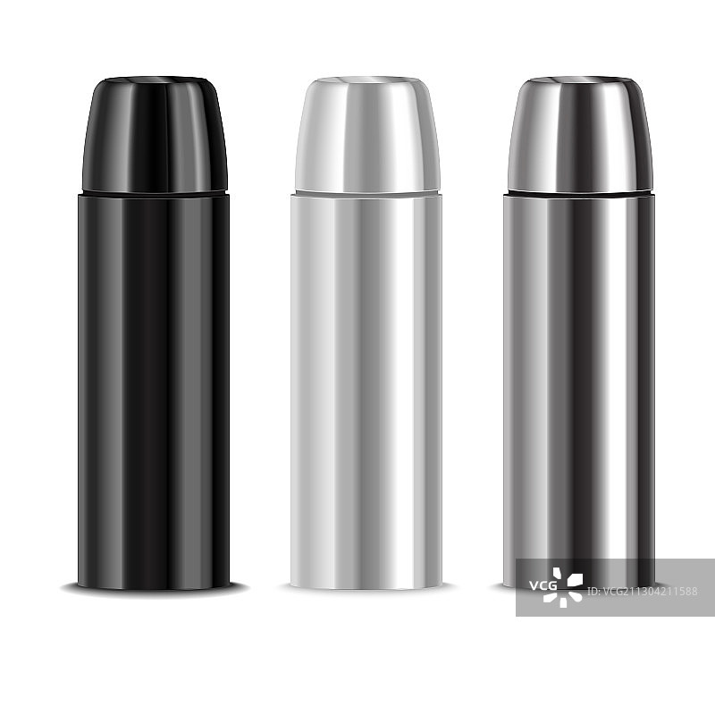逼真3D细节：闪亮金属保温瓶套装图片素材