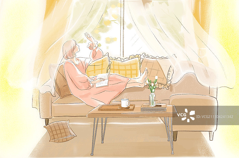 春天温柔的风吹开窗帘房间里读书的女孩图片素材