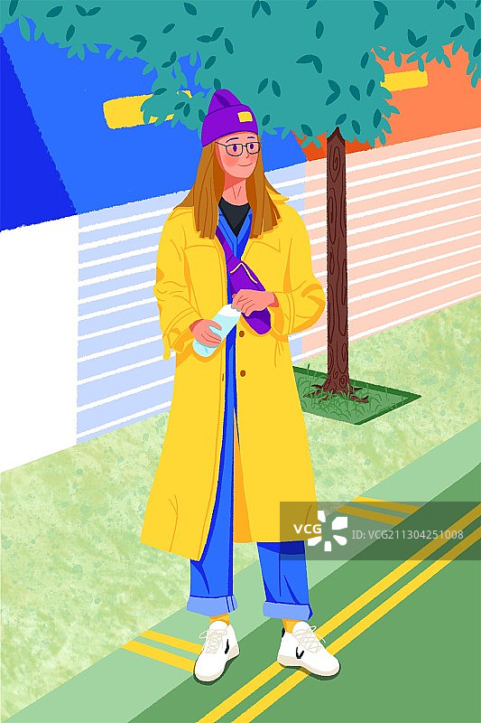 早晨我穿上心爱的黄色长外套出门逛逛图片素材