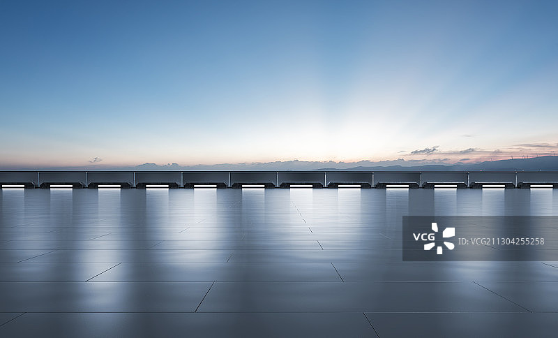 三维渲染的科幻地面停车场和大连天际线图片素材