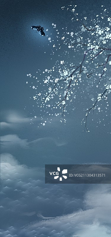 唯美古风插画夜晚蝴蝶与白色梅花图片素材