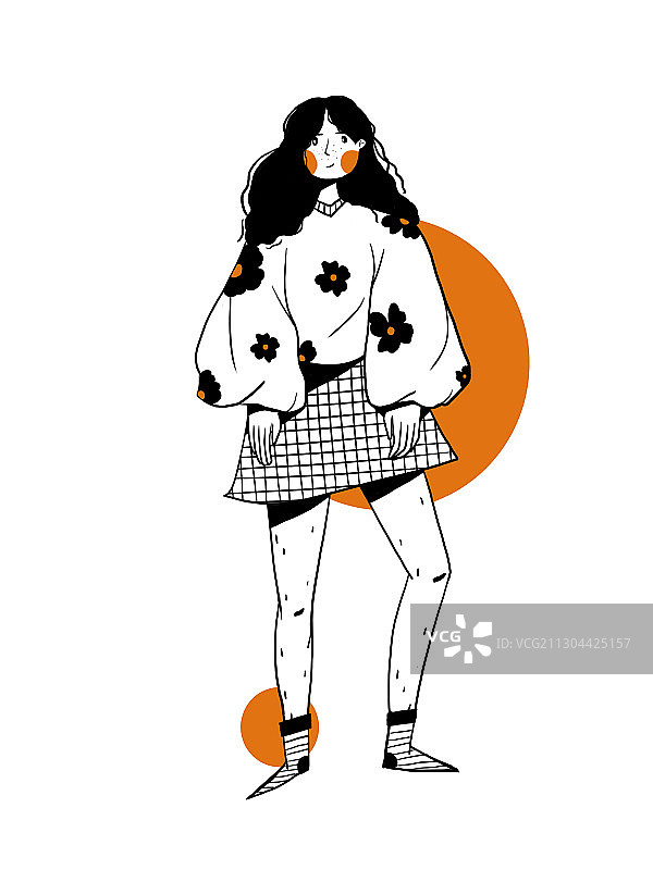 黑白简笔画插画女孩人物图片素材