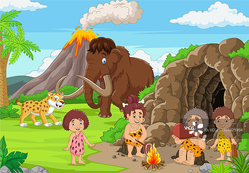 石器时代与猛犸象的古代穴居人卡通形象图片素材