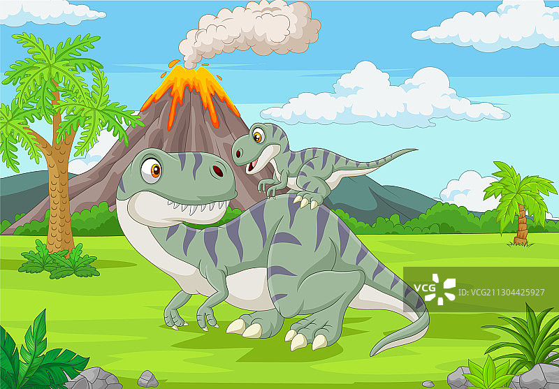 丛林中的卡通母亲和恐龙图片素材