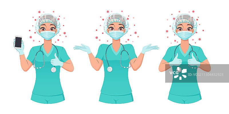 戴口罩的护士展示智能手机屏幕并竖起大拇指图片素材