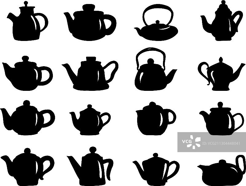 手绘隔离茶壶黑色图标套装图片素材