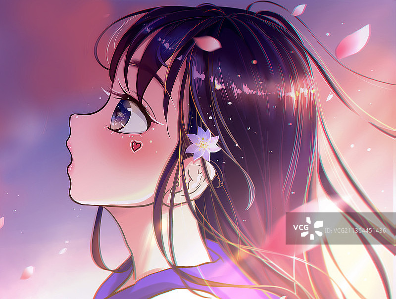 唯美情侣二次元少女动漫夕阳晚霞插画图片素材