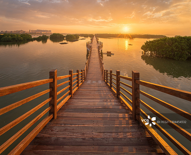 广东茂名水东湾红树林栈道日出图片素材