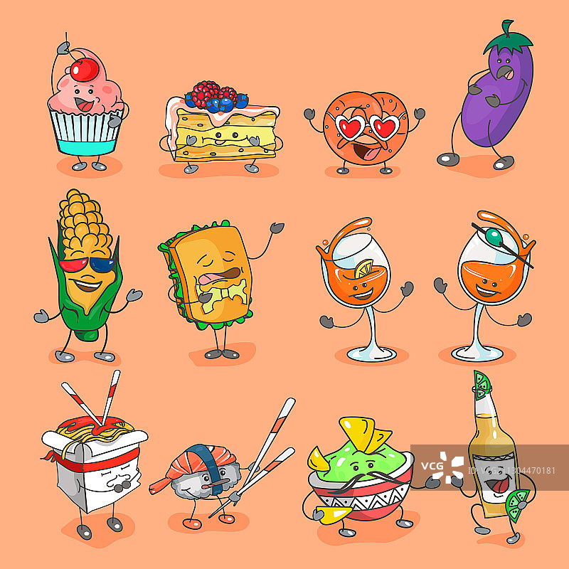 带表情的扁平快餐图标套装图片素材