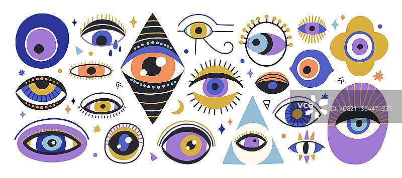手绘涂鸦眼睛扁平风格套装图片素材