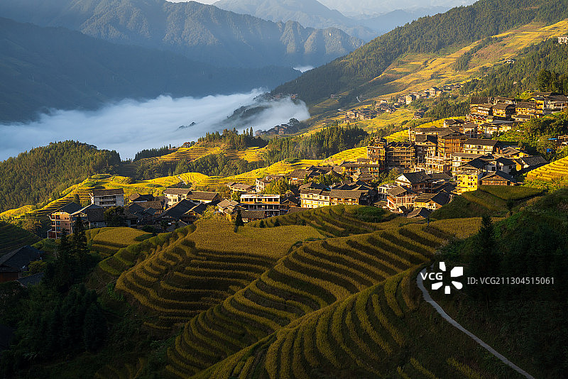 晨光中的龙胜龙脊梯田平安壮寨图片素材