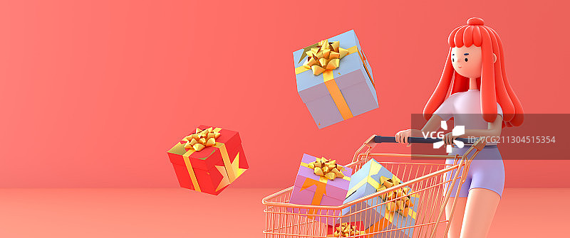 推着购物车的卡通美女图片素材
