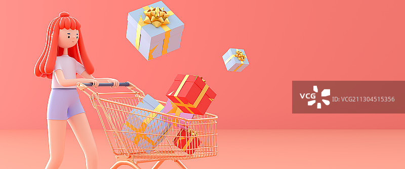 推着购物车的卡通美女图片素材